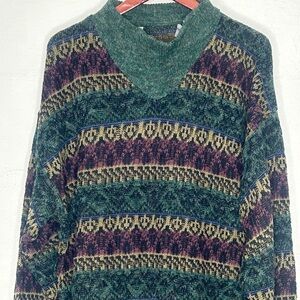 Vintage Zeppelin Men's Sweater Size XLT Patterned Acrylic Green Burgundy Tan